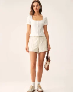 White Square Neck Ribbed Knit Tee