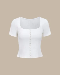 White Square Neck Ribbed Knit Tee