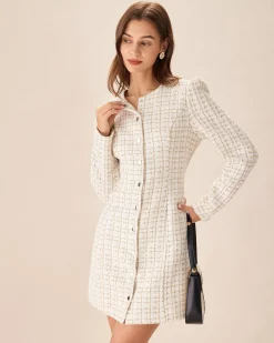 White Square Neck Tweed Mini Dress