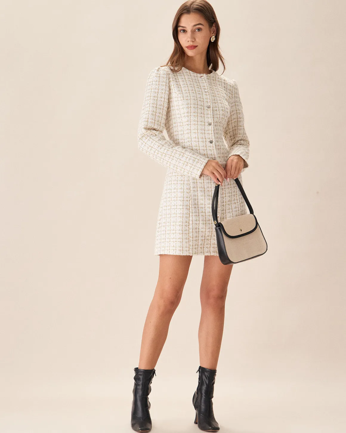 White Square Neck Tweed Mini Dress