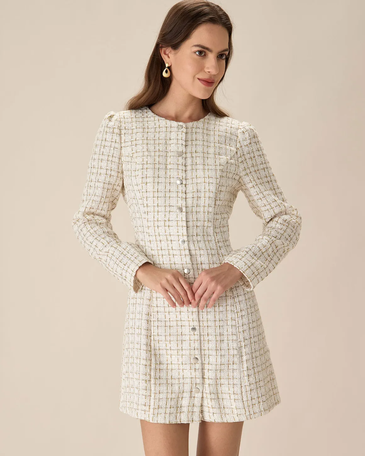 White Square Neck Tweed Mini Dress