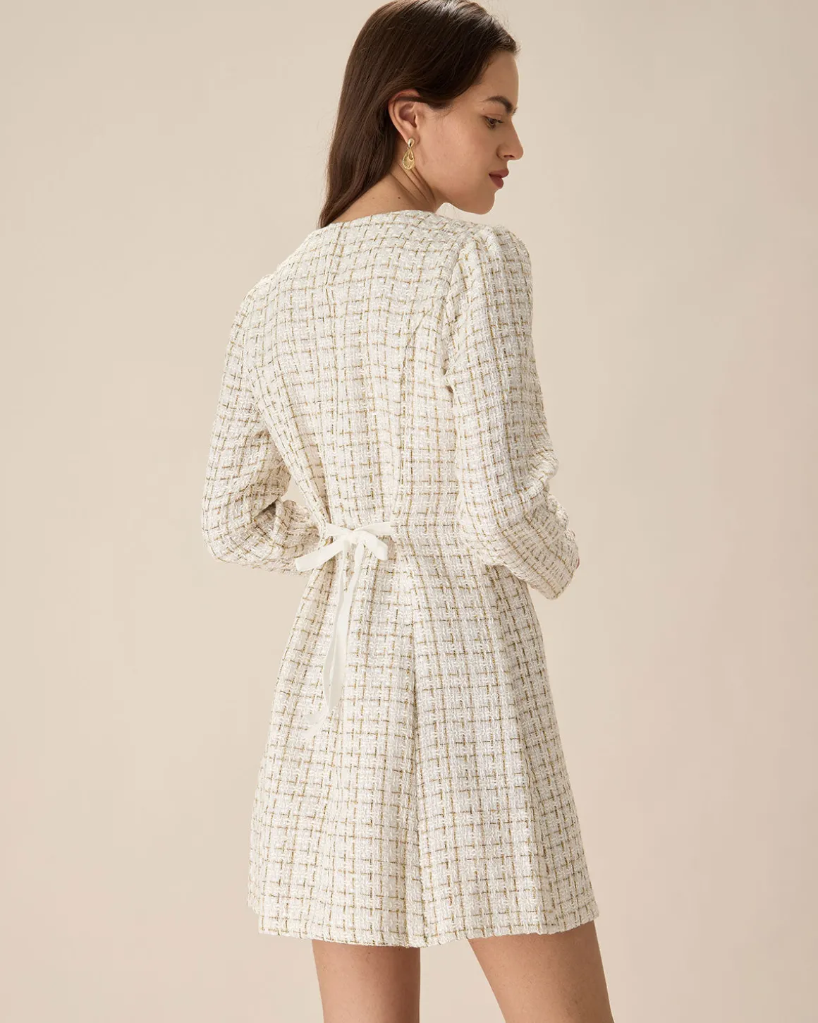 White Square Neck Tweed Mini Dress
