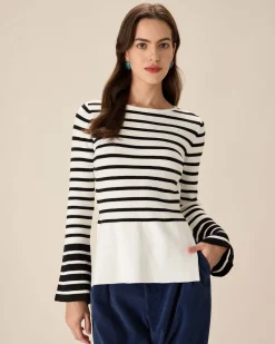 White Striped Boat Neck Sweater
