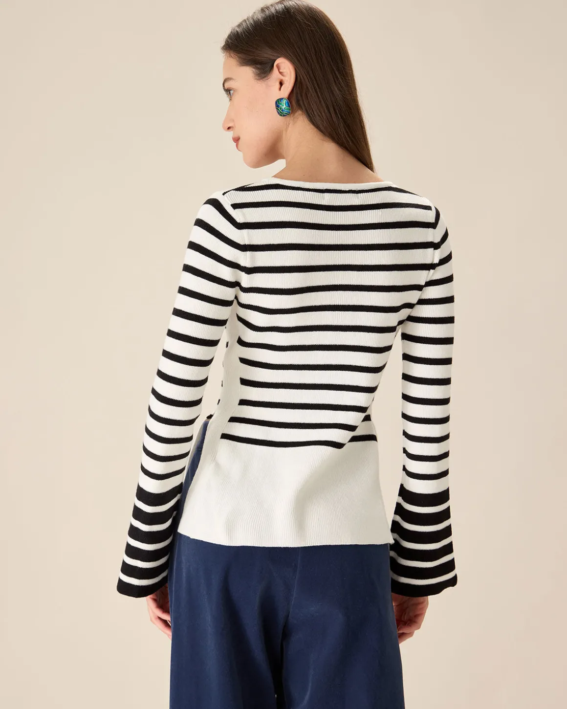 White Striped Boat Neck Sweater