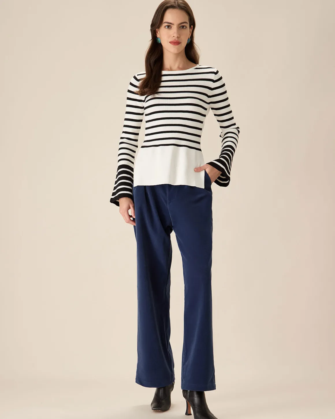White Striped Boat Neck Sweater