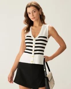 White Striped Button Knit Tank Top