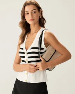 White Striped Button Knit Tank Top