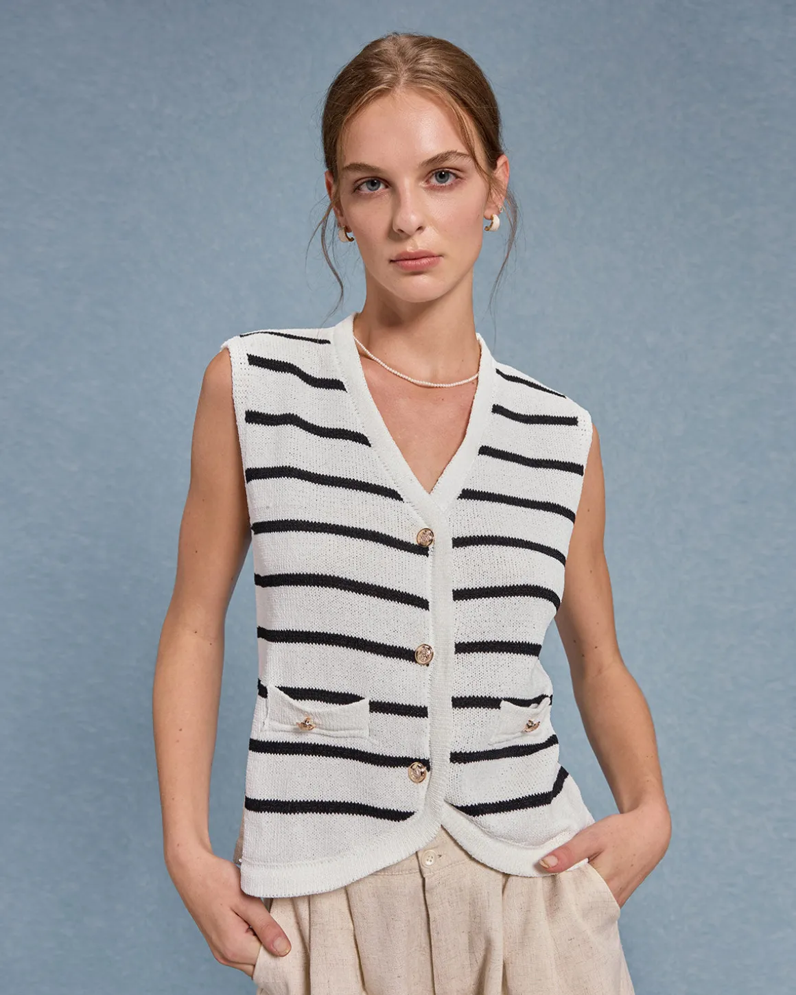 White Striped Single Breasted Vest