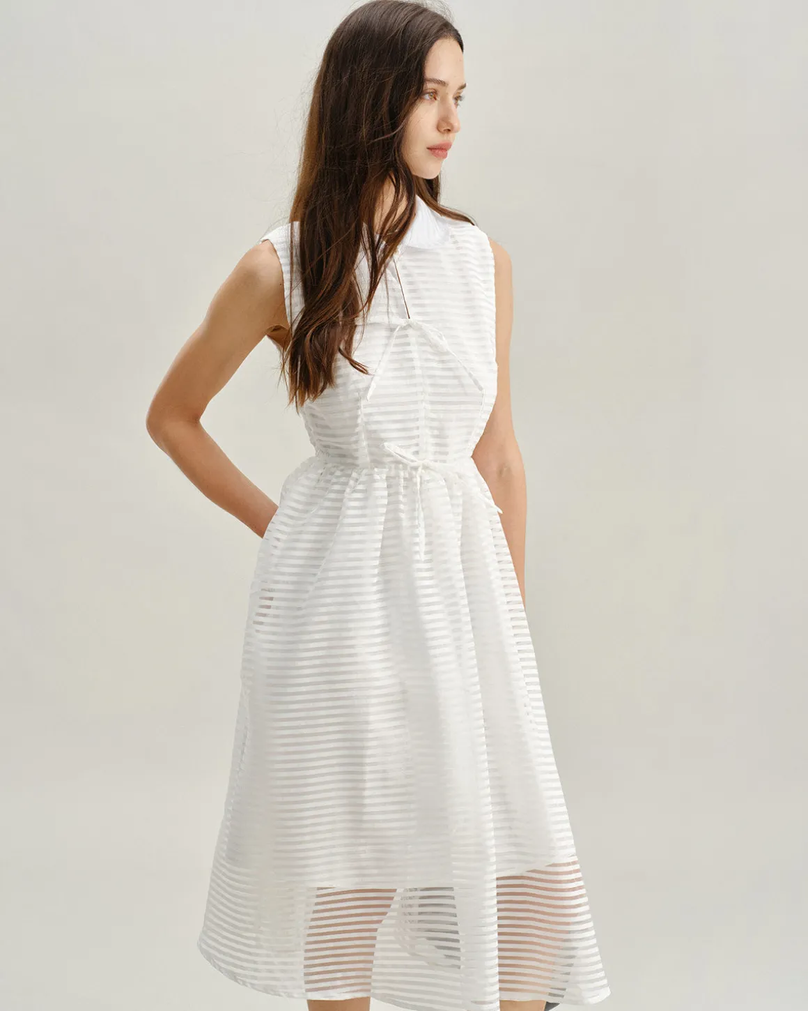 White Striped Sleeveless Midi Dress