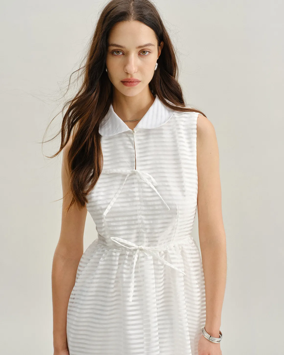 White Striped Sleeveless Midi Dress