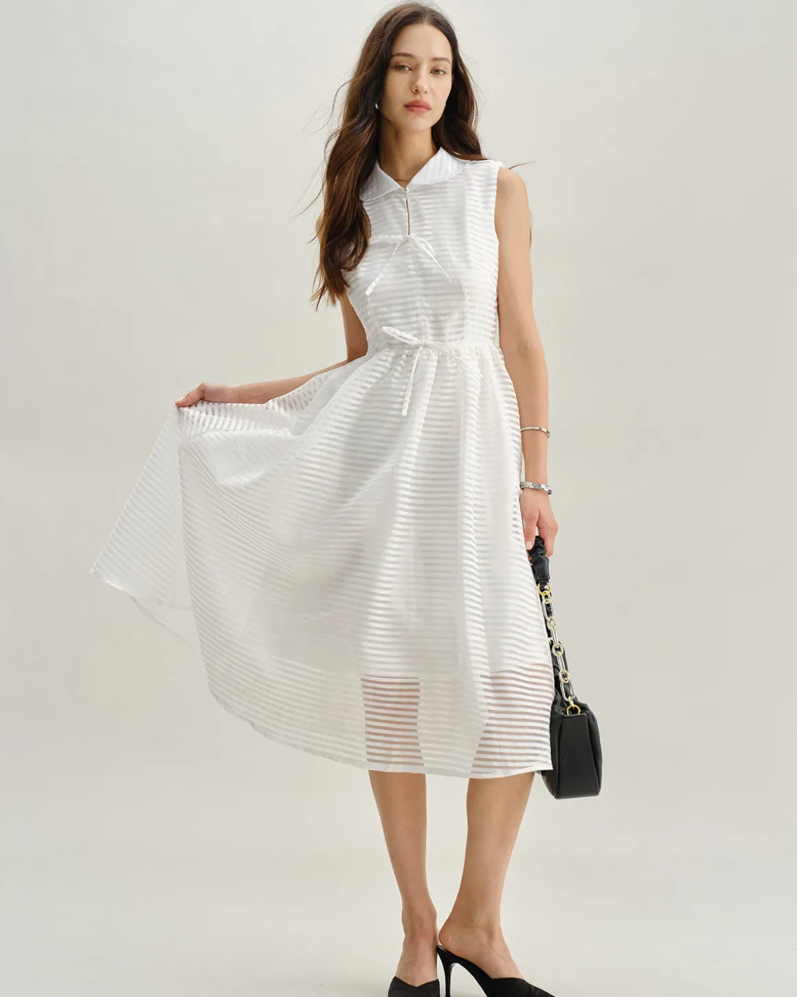 White Striped Sleeveless Midi Dress