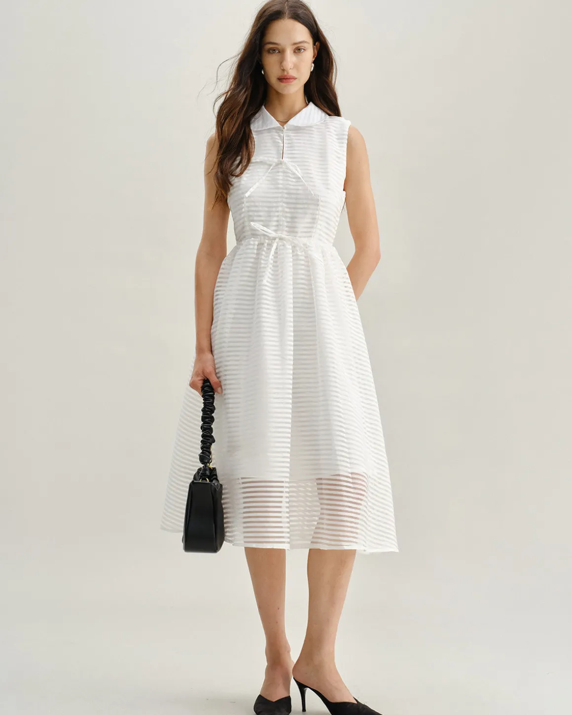 White Striped Sleeveless Midi Dress