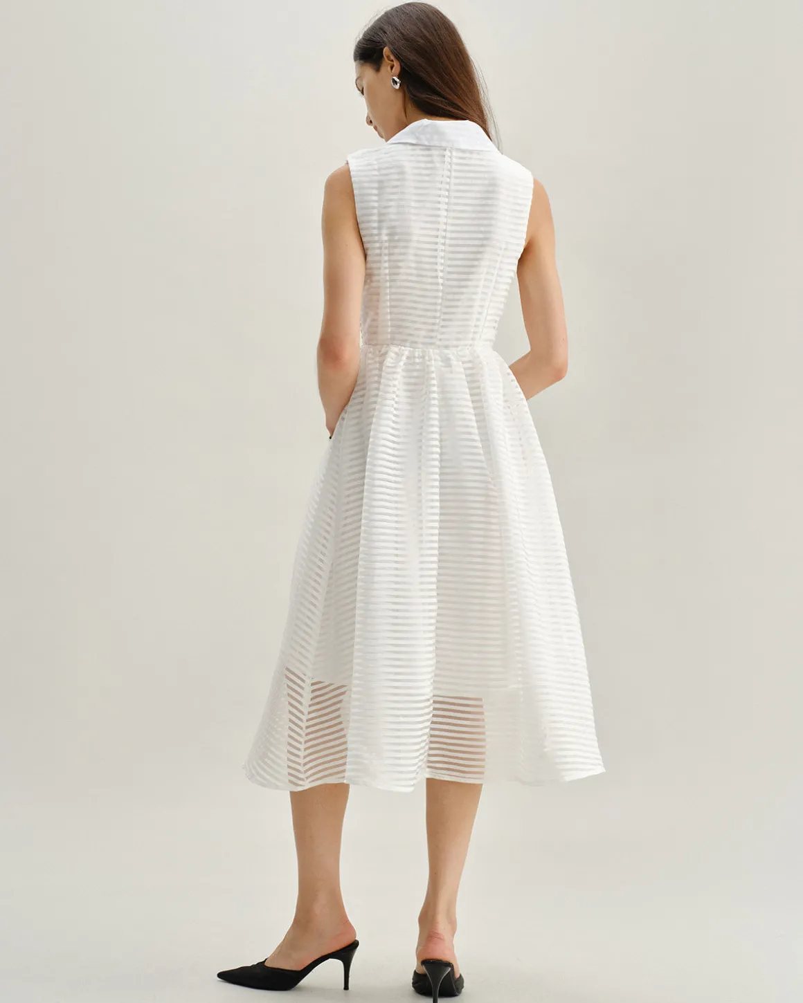 White Striped Sleeveless Midi Dress