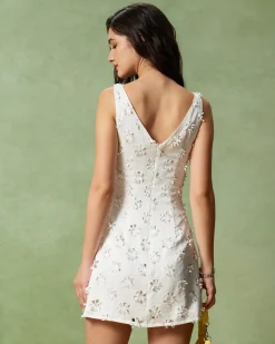 White Textured Boat Neck Sleeveless Mini Dress