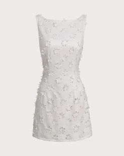 White Textured Boat Neck Sleeveless Mini Dress
