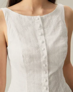 White Textured Boat Neck Button Vest