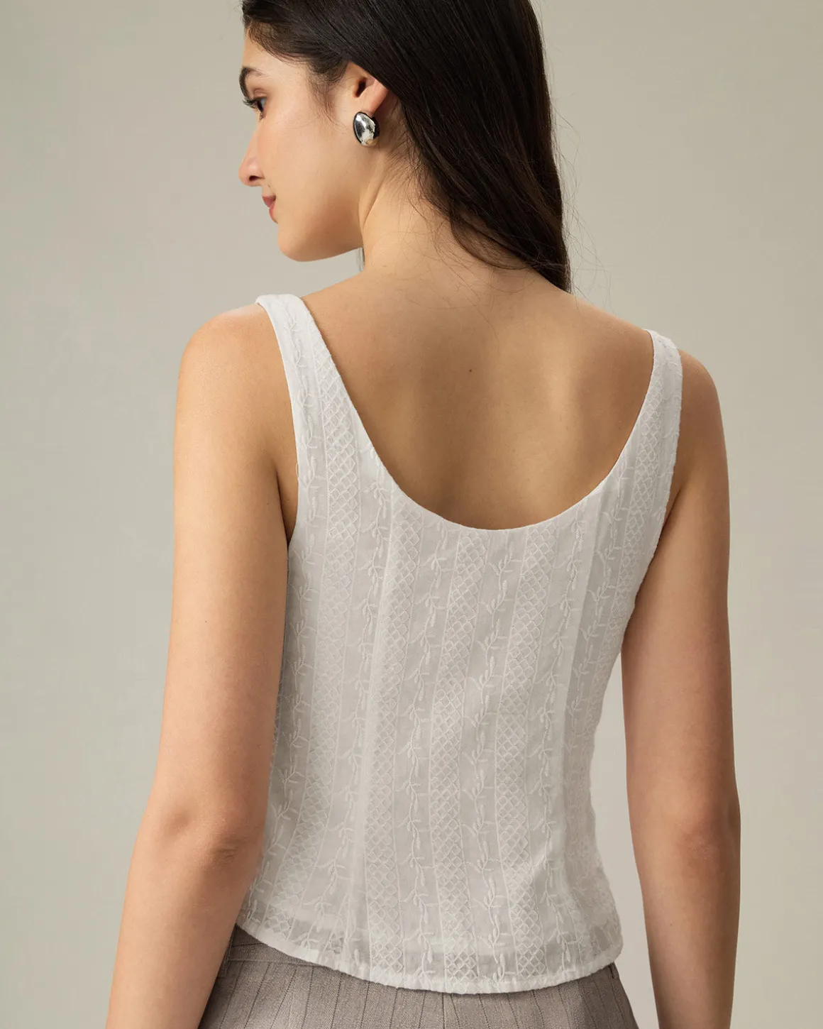 White Textured Boat Neck Button Vest