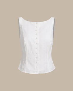 White Textured Boat Neck Button Vest