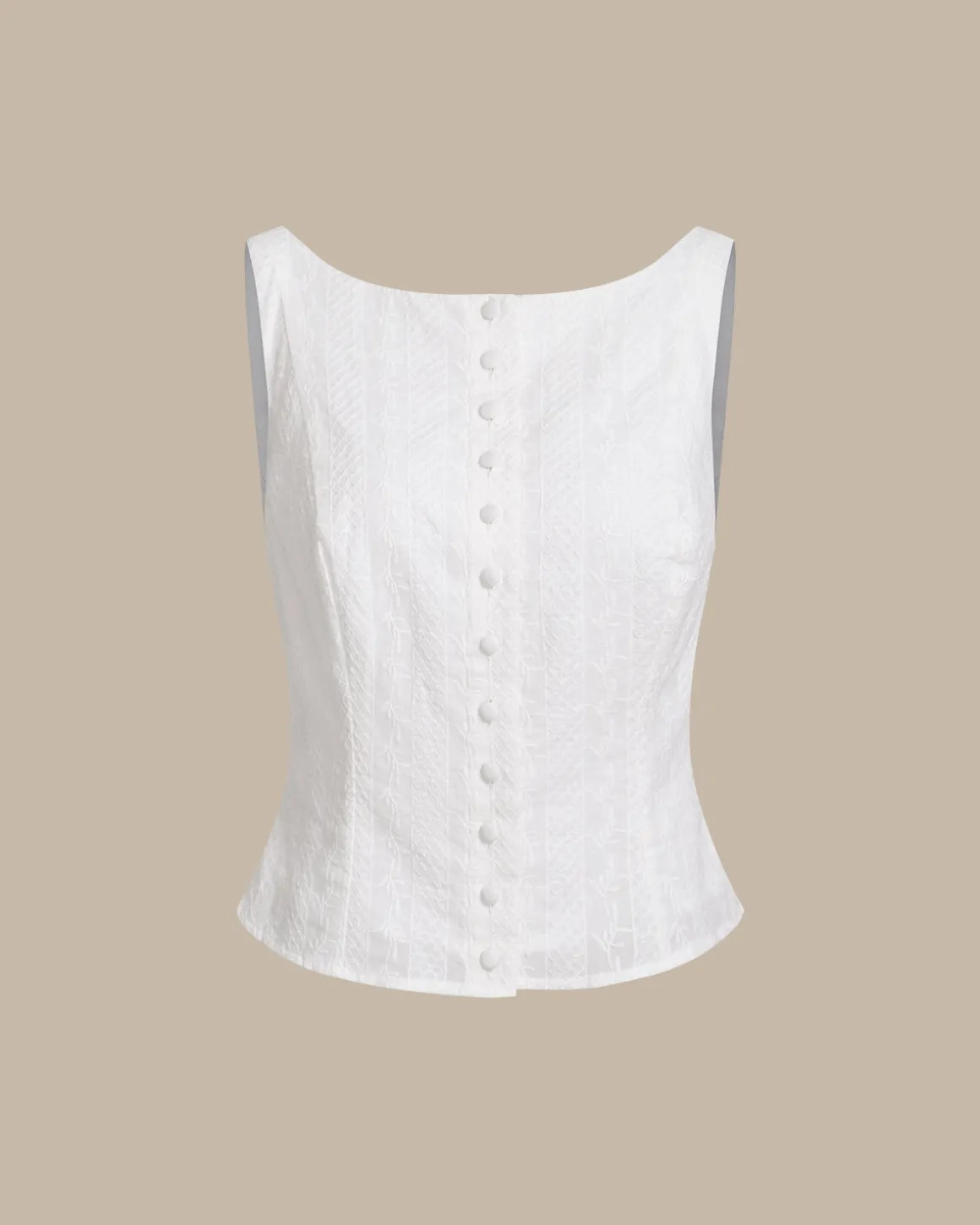White Textured Boat Neck Button Vest