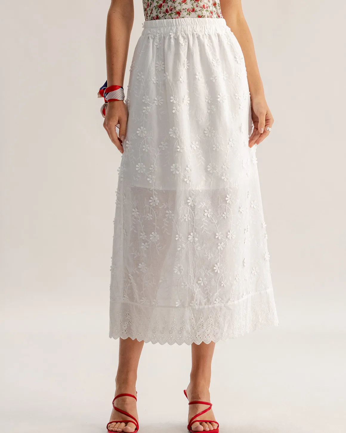 White Textured Elastic Waist Midi Skirt