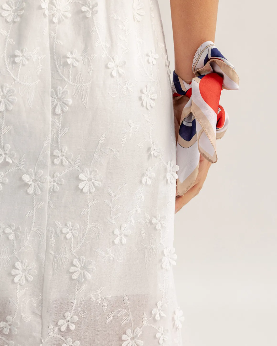 White Textured Elastic Waist Midi Skirt