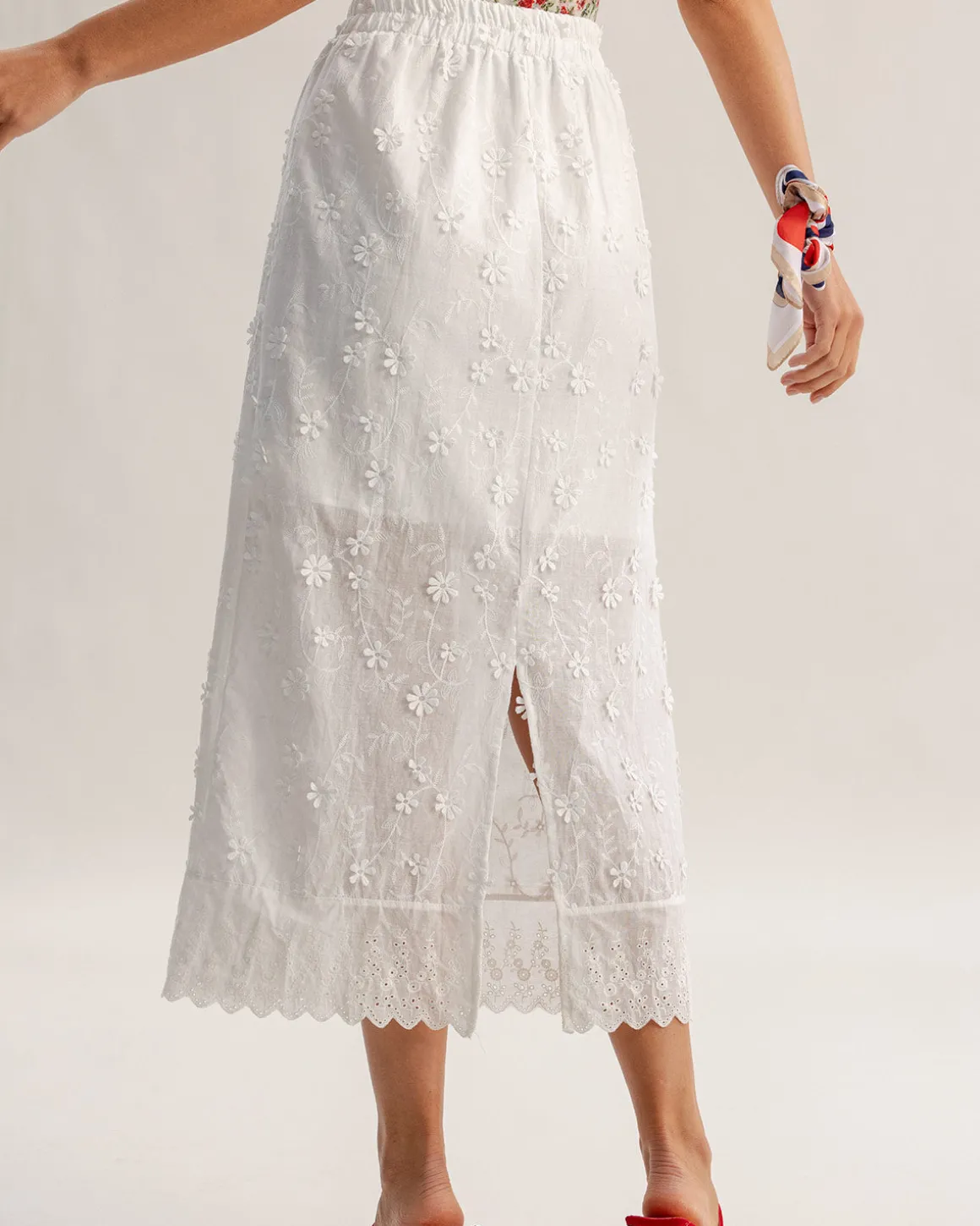 White Textured Elastic Waist Midi Skirt