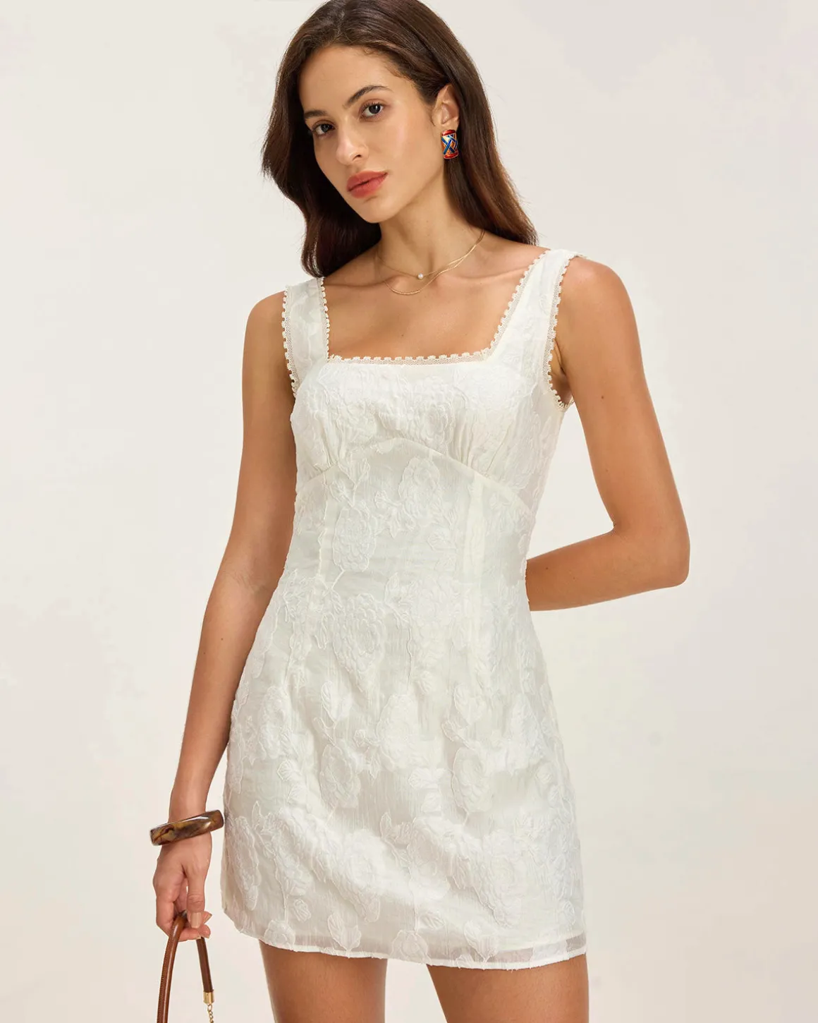 White Textured Square Neck Slip Mini Dress