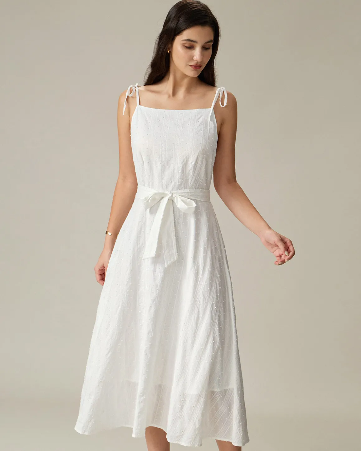 White Textured Square Neck Slip Midi Dress