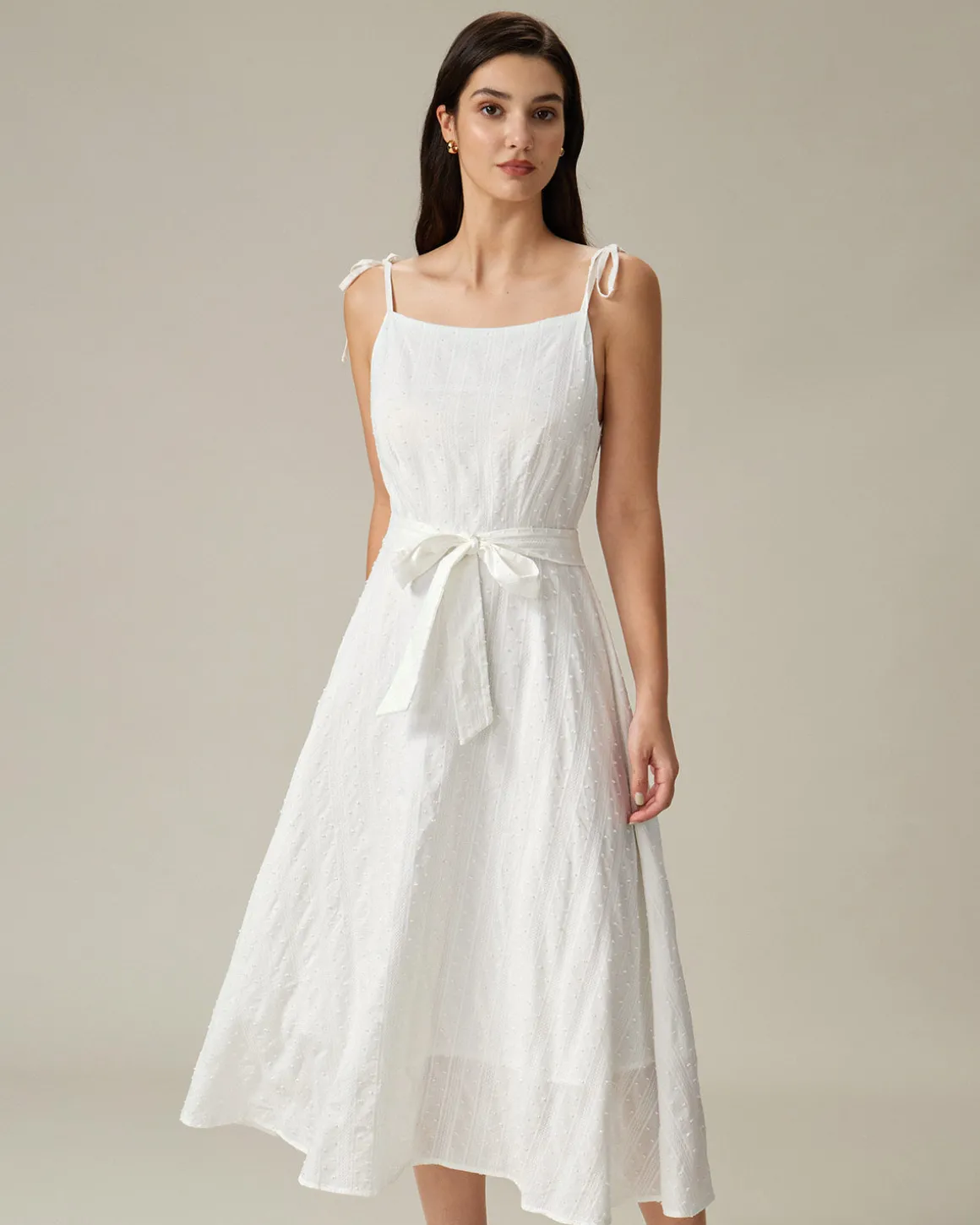 White Textured Square Neck Slip Midi Dress