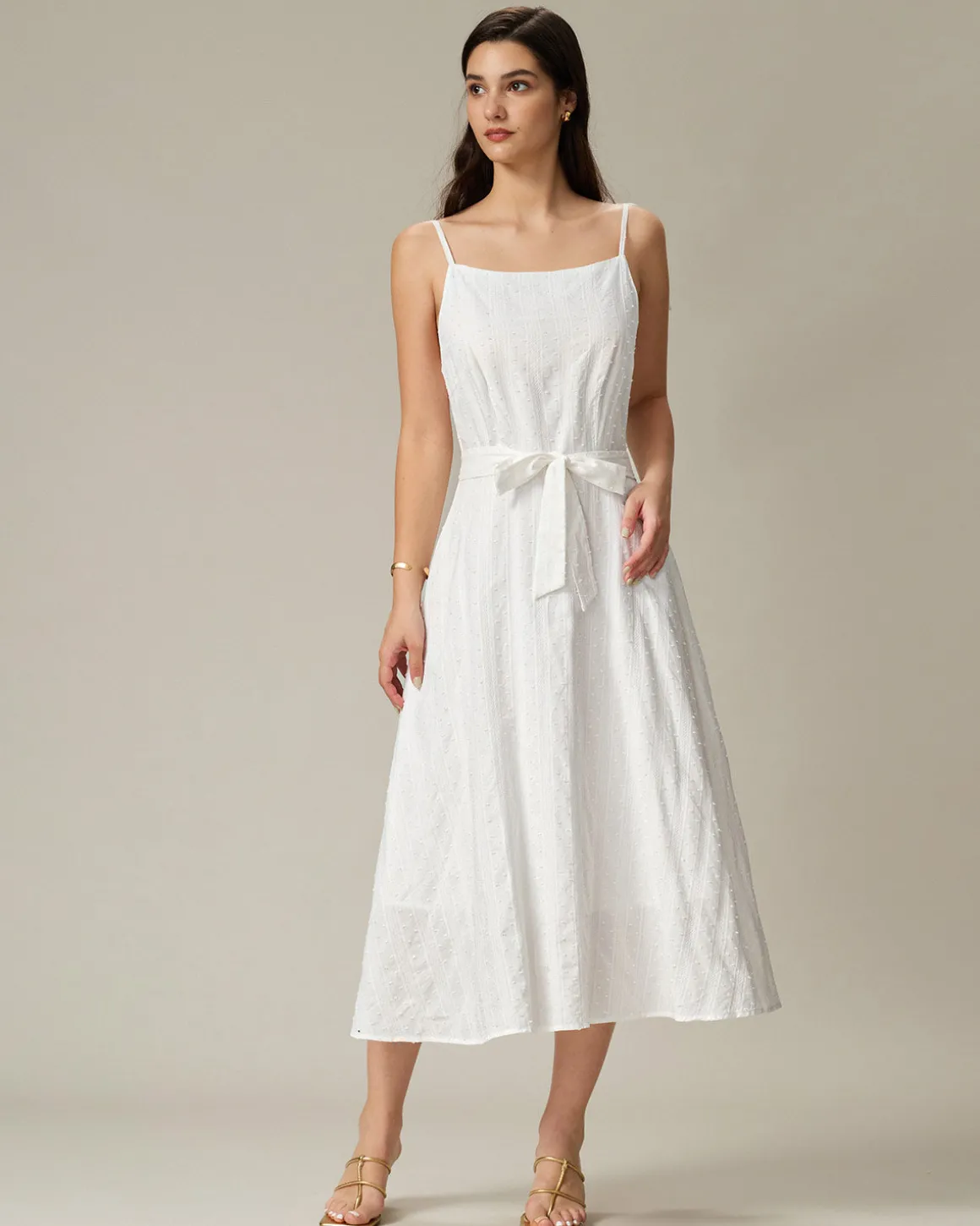 White Textured Square Neck Slip Midi Dress