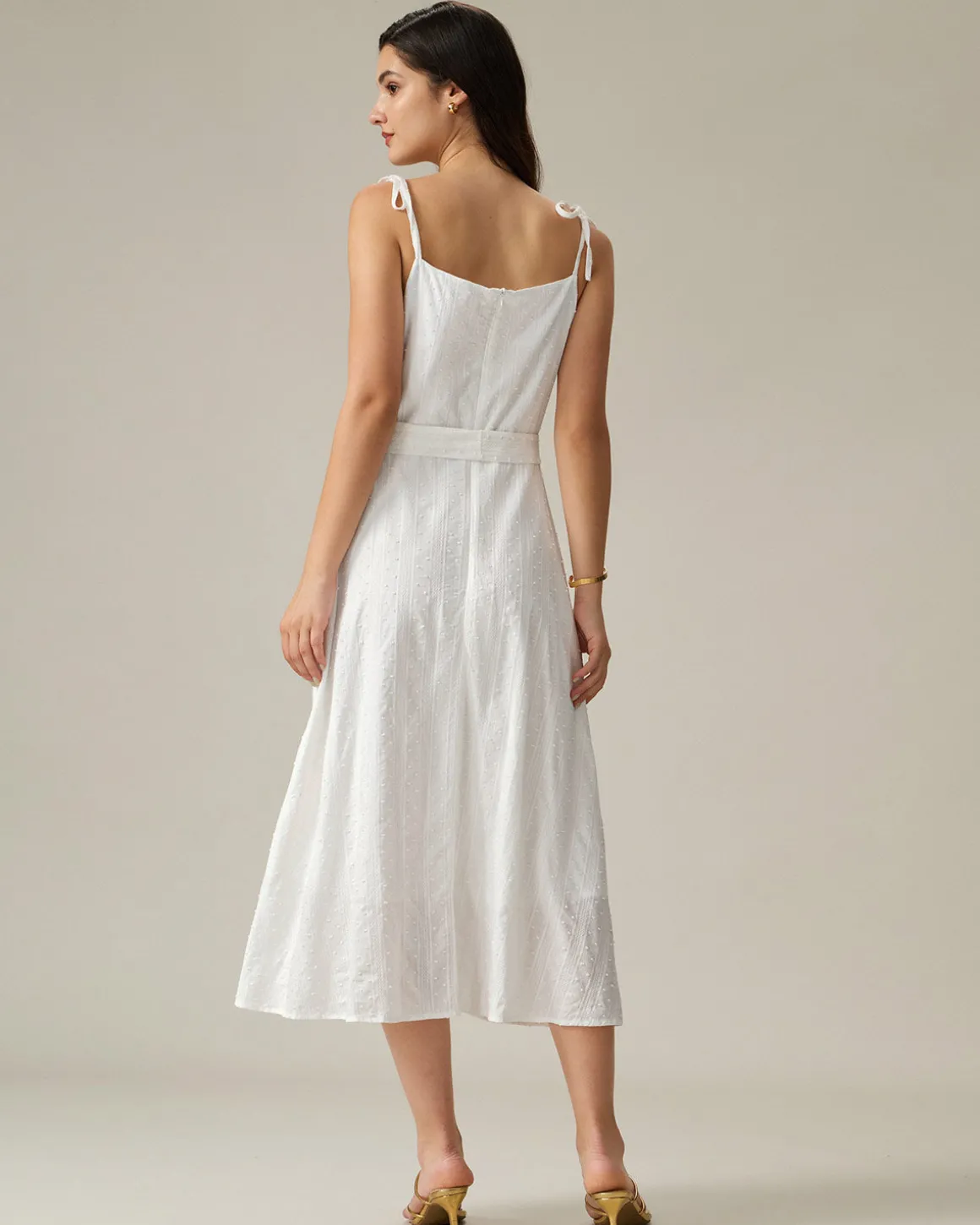 White Textured Square Neck Slip Midi Dress