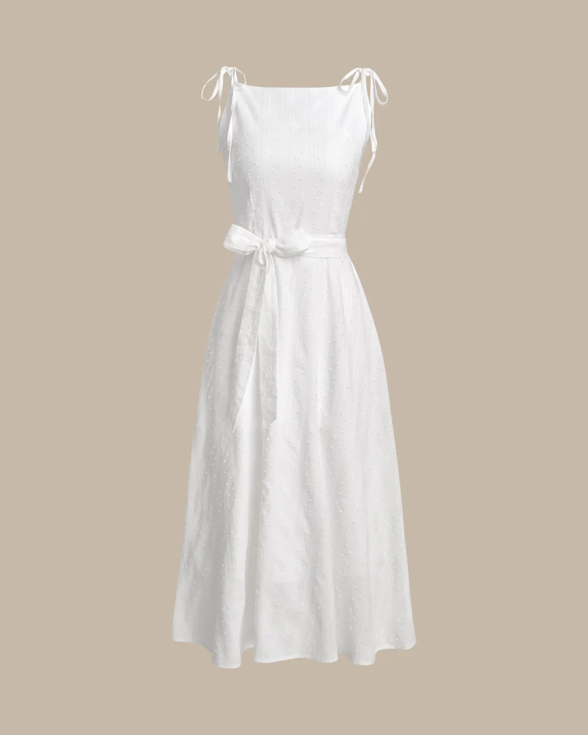 White Textured Square Neck Slip Midi Dress
