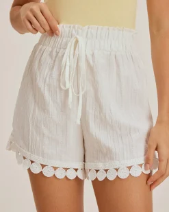 White Textured Tie Waist Shorts