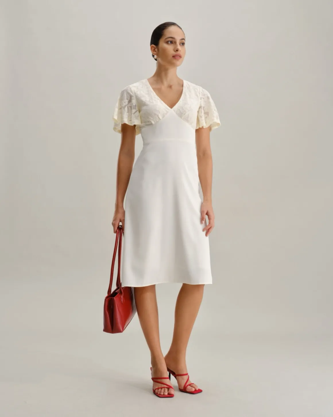 White Textured V-Neck Midi Dress