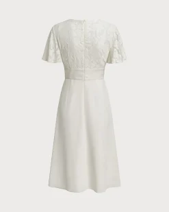 White Textured V-Neck Midi Dress