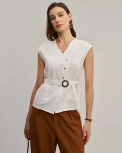 White V Neck Belted Tank Top