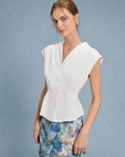 White V Neck Button Tee