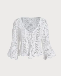 White V Neck Crochet Bell Sleeve Blouse