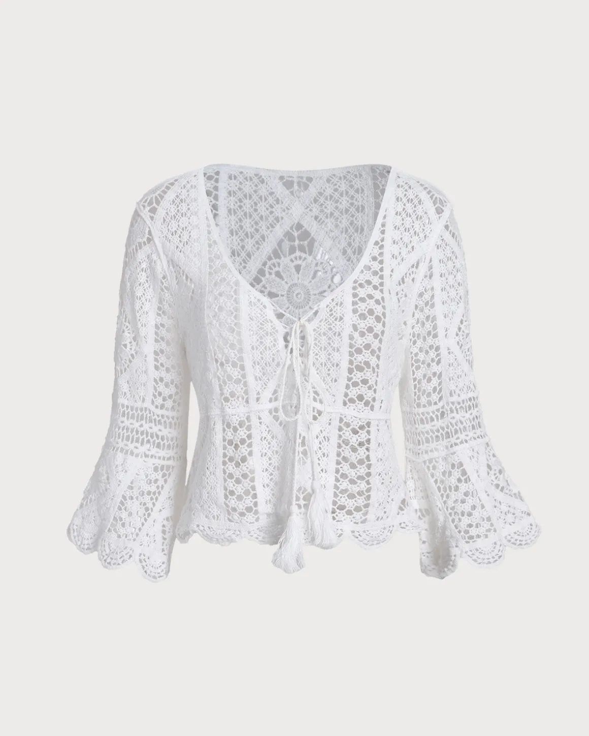 White V Neck Crochet Bell Sleeve Blouse