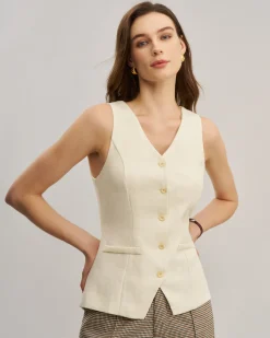 White V Neck Cutout Button Vest