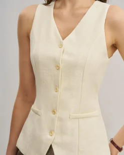 White V Neck Cutout Button Vest