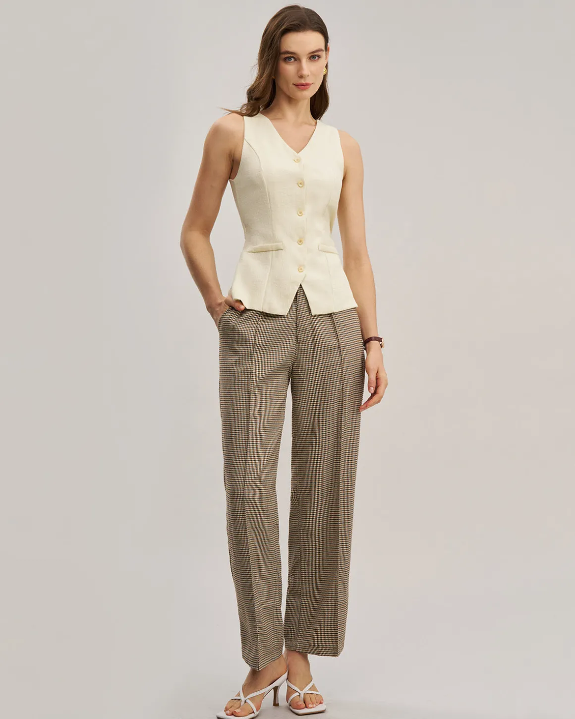 White V Neck Cutout Button Vest
