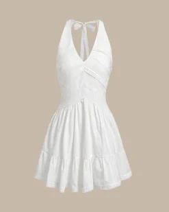 White V Neck Pleated Backless Mini Dress