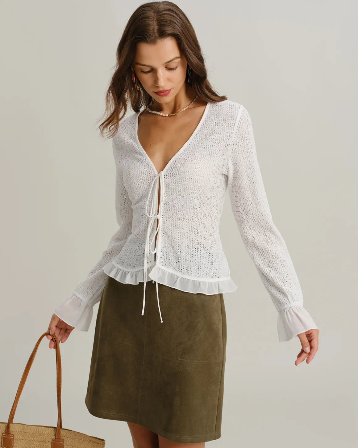 White V Neck Ruffle Poet Sleeve Cardigan