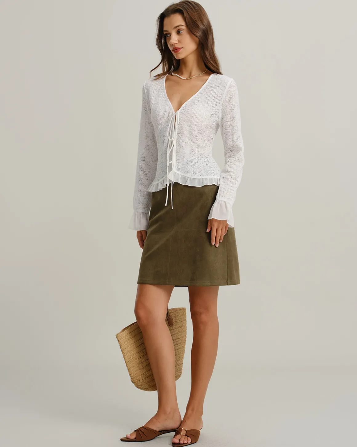White V Neck Ruffle Poet Sleeve Cardigan
