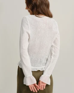 White V Neck Ruffle Poet Sleeve Cardigan