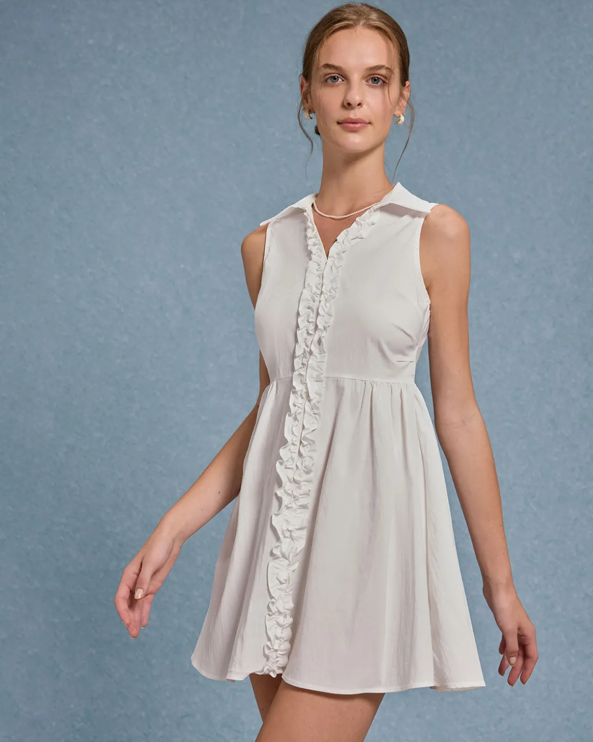 White V Neck Ruffle Sleeveless Mini Dress