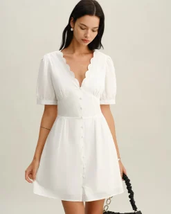 White V-Neck Ruched Mini Dress