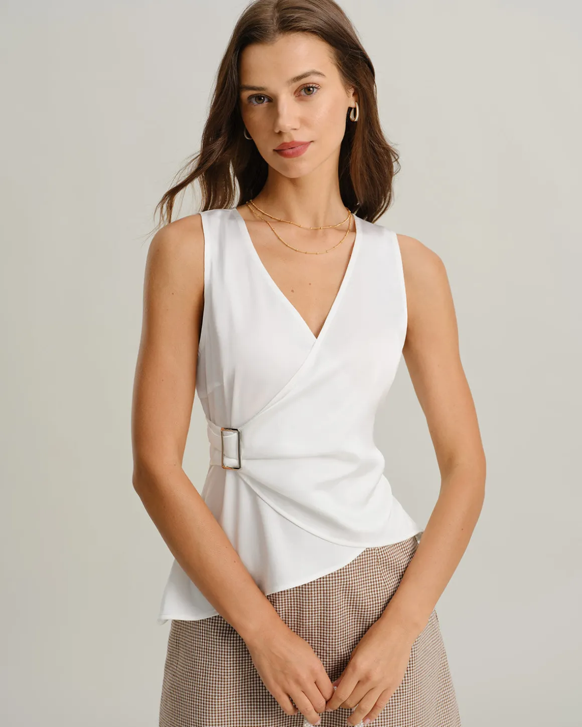 White V-Neck Wrap Tank Top