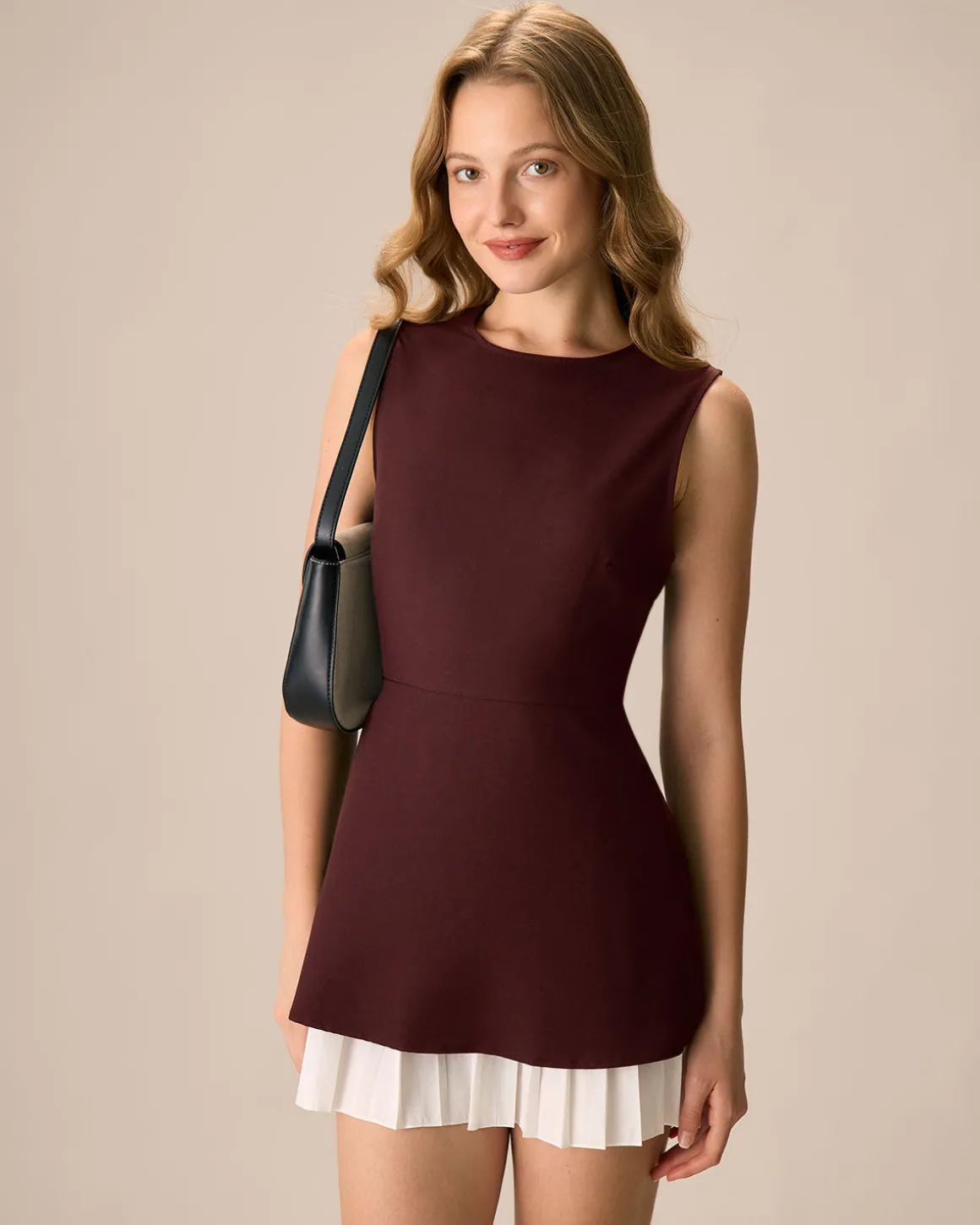 Wine Red Contrast Sleeveless Mini Dress